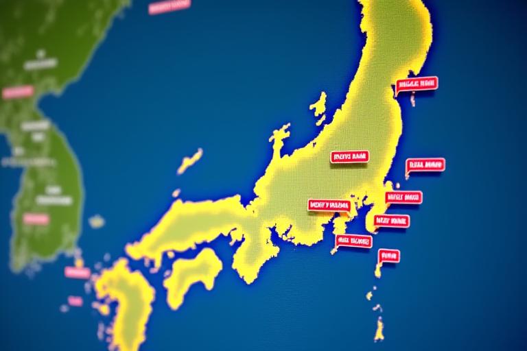 日本地図に災害警報アイコンが表示された衛星画像