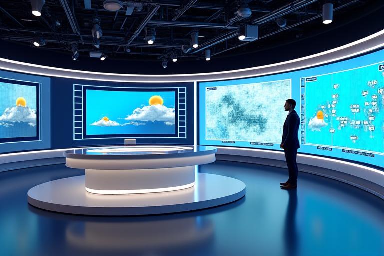 天気予報グラフィックが映るテレビニューススタジオ