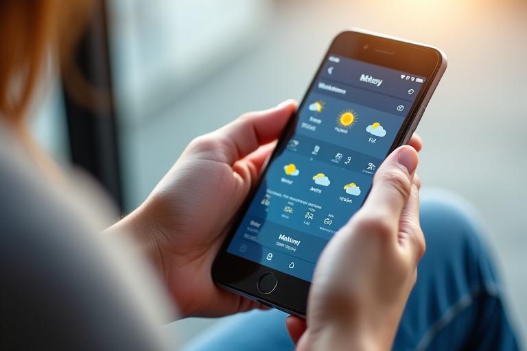 スマートフォンで天気予報を確認している人